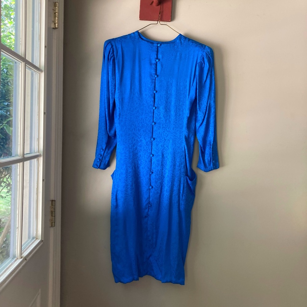Vintage Liz Claiborne Blue 100% Silk Printed Midi Dress 8